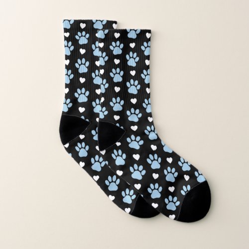 Pattern Of Paws Dog Paws Blue Paws White Hearts Socks