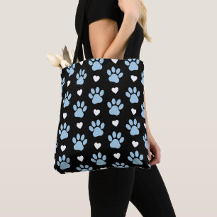 Pattern Of Paws, Dog Paws, Blue Paws, White Hearts Tote Bag