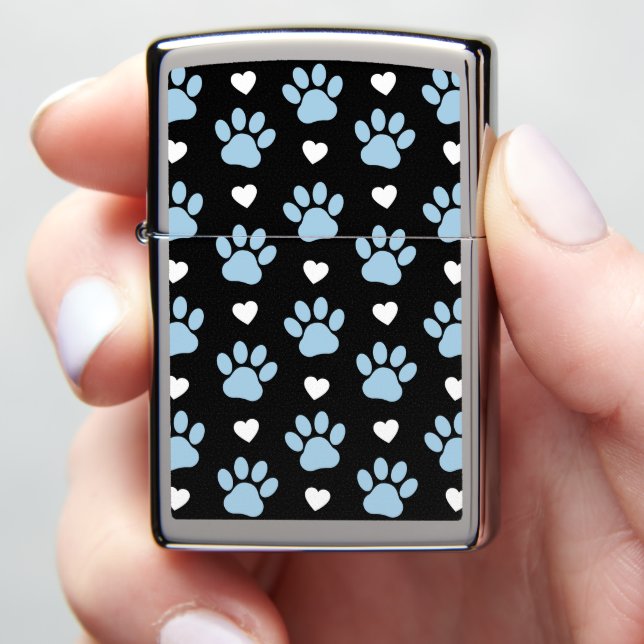 Pattern Of Paws, Dog Paws, Blue Paws, White Hearts Zippo Lighter (In Hand)