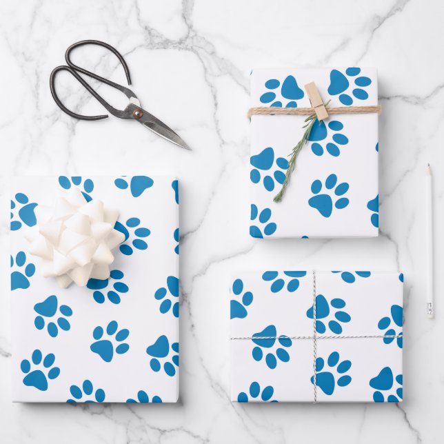 Pattern Of Paws, Dog Paws, Blue Paws Wrapping Paper Sheets (Front)