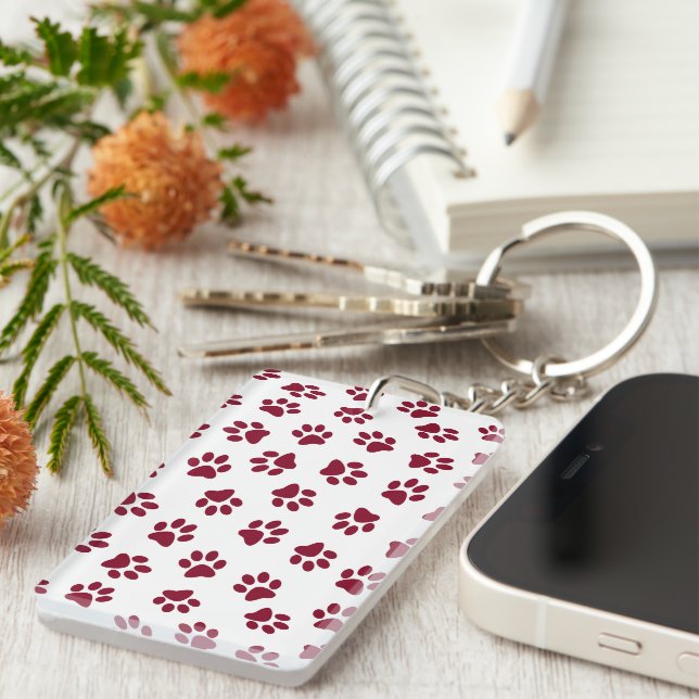 Pattern Of Paws, Dog Paws, Burgundy Paws Keychain (Front Right)
