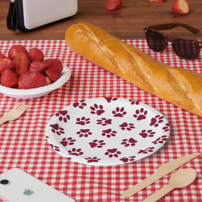 Pattern Of Paws, Dog Paws, Burgundy Paws Paper Plates (Picnic)