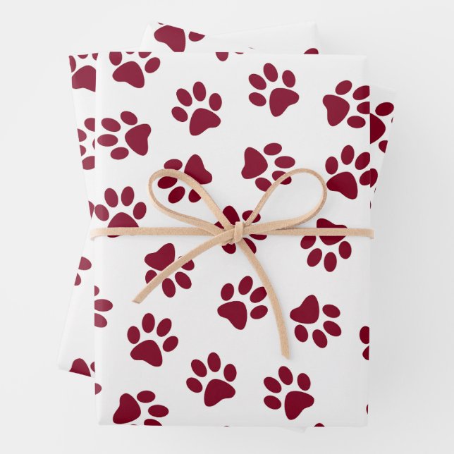 Pattern Of Paws, Dog Paws, Burgundy Paws Wrapping Paper Sheets (In situ)