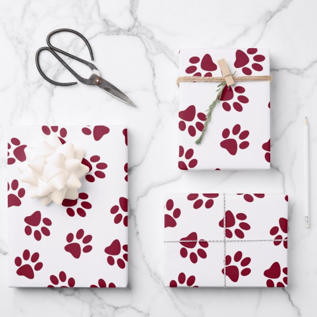 Pattern Of Paws, Dog Paws, Burgundy Paws Wrapping Paper Sheets (Front)
