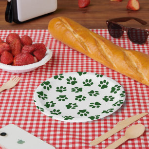 Pattern Of Paws, Dog Paws, Green Paws Paper Plates