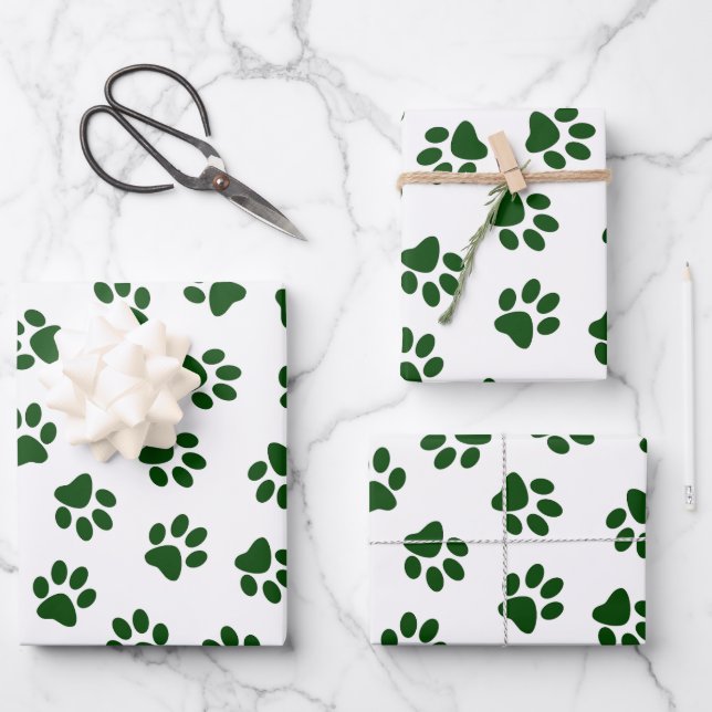 Pattern Of Paws, Dog Paws, Green Paws Wrapping Paper Sheets (Front)