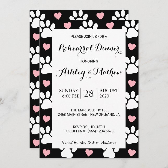 Pattern Of Paws, Dog Paws, Heart, Rehearsal Dinner Invitation (Front/Back)