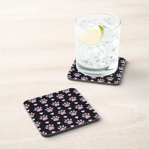 Pattern Of Paws Dog Paws Lilac Paws Hearts Beverage Coaster