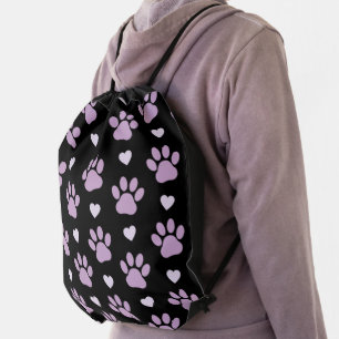 Pattern Of Paws, Dog Paws, Lilac Paws, Hearts Drawstring Bag