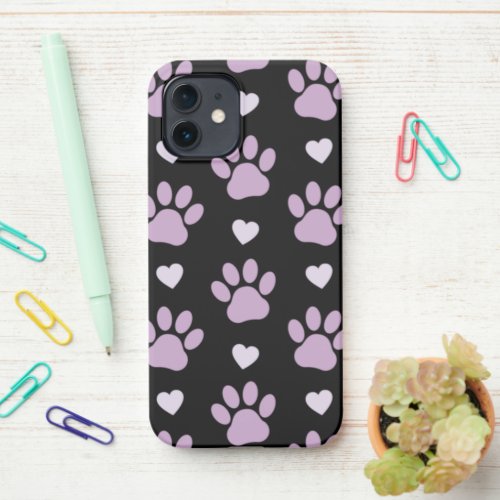 Pattern Of Paws Dog Paws Lilac Paws Hearts iPhone 12 Case