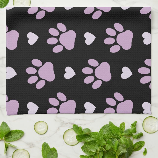 Pattern Of Paws, Dog Paws, Lilac Paws, Hearts Kitchen Towel (Folded)