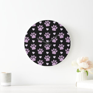 Pattern Of Paws, Dog Paws, Lilac Paws, Hearts Large Clock