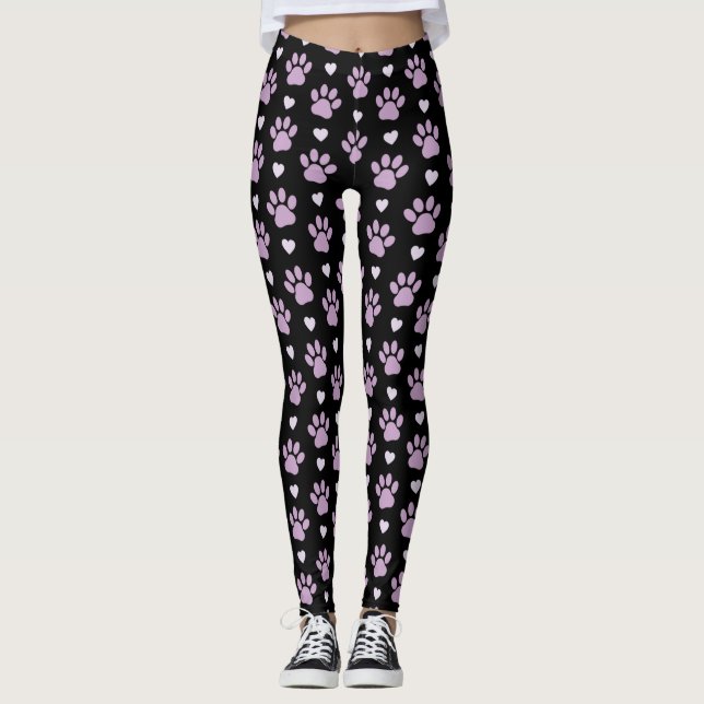 Pattern Of Paws, Dog Paws, Lilac Paws, Hearts Leggings (Front)
