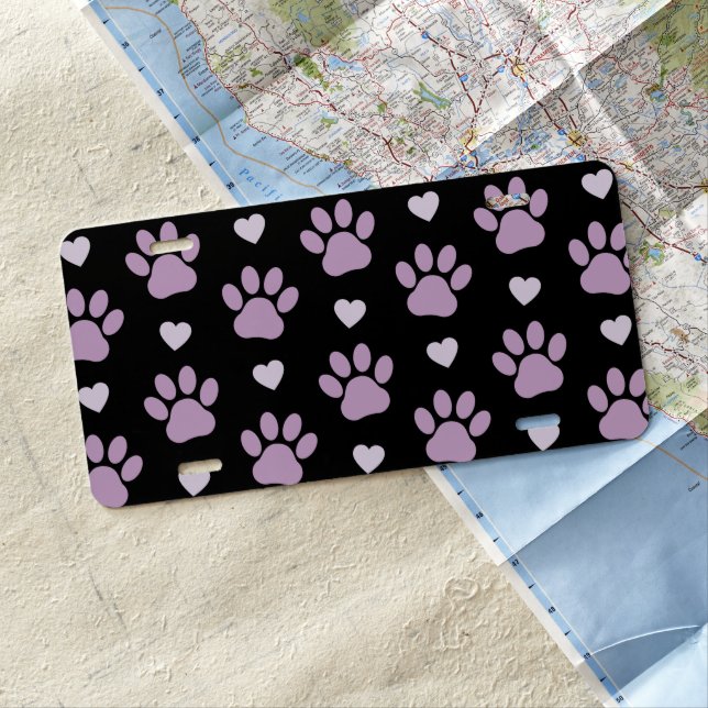 Pattern Of Paws, Dog Paws, Lilac Paws, Hearts License Plate (In Situ)