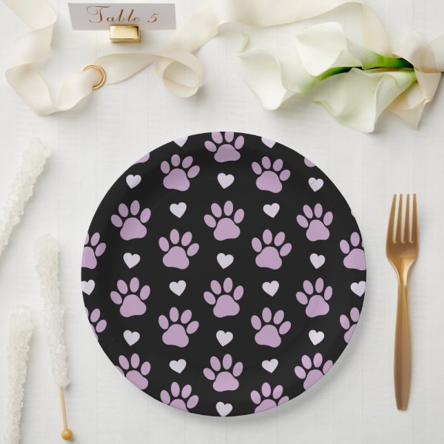 Pattern Of Paws, Dog Paws, Lilac Paws, Hearts Paper Plates (Wedding)