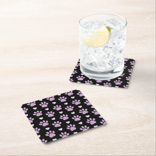 Pattern Of Paws Dog Paws Lilac Paws Hearts Square Paper Coaster