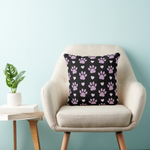 Pattern Of Paws Dog Paws Lilac Paws Hearts Throw Pillow