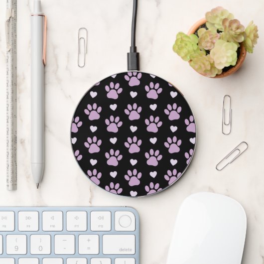 Pattern Of Paws, Dog Paws, Lilac Paws, Hearts Wireless Charger (Desk)