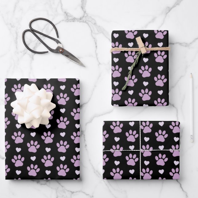 Pattern Of Paws, Dog Paws, Lilac Paws, Hearts Wrapping Paper Sheets (Front)