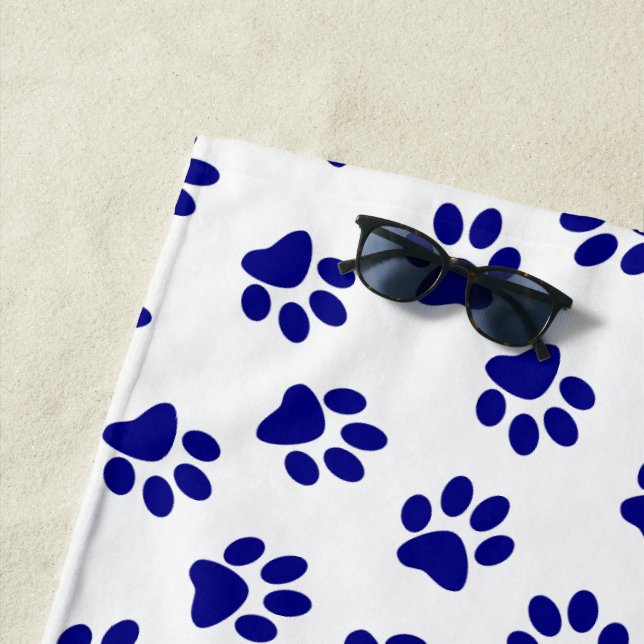 Pattern Of Paws, Dog Paws, Navy Blue Paws Beach Towel (In Situ)
