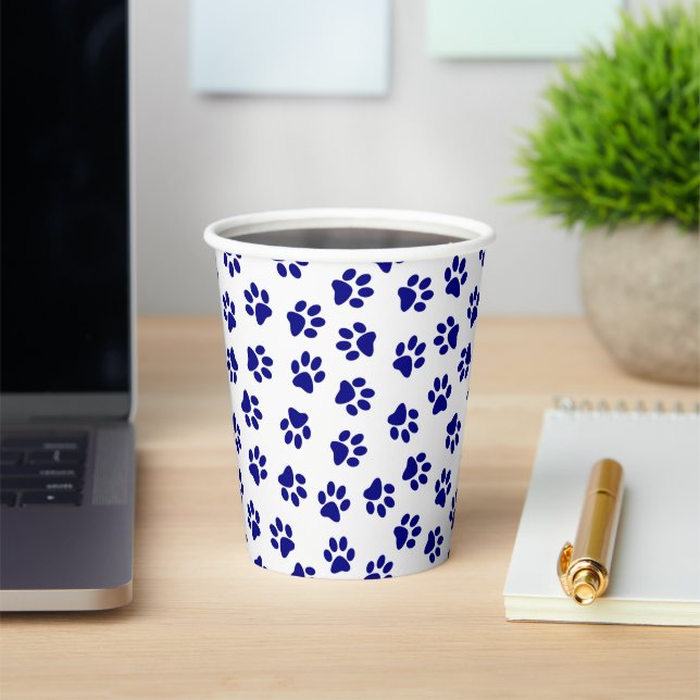 Pattern Of Paws, Dog Paws, Navy Blue Paws Paper Cups (Insitu)