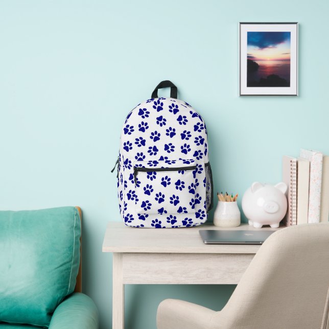 Pattern Of Paws, Dog Paws, Navy Blue Paws Printed Backpack (Insitu)