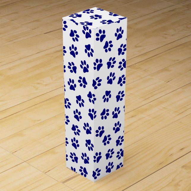 Pattern Of Paws, Dog Paws, Navy Blue Paws Wine Box (Front)