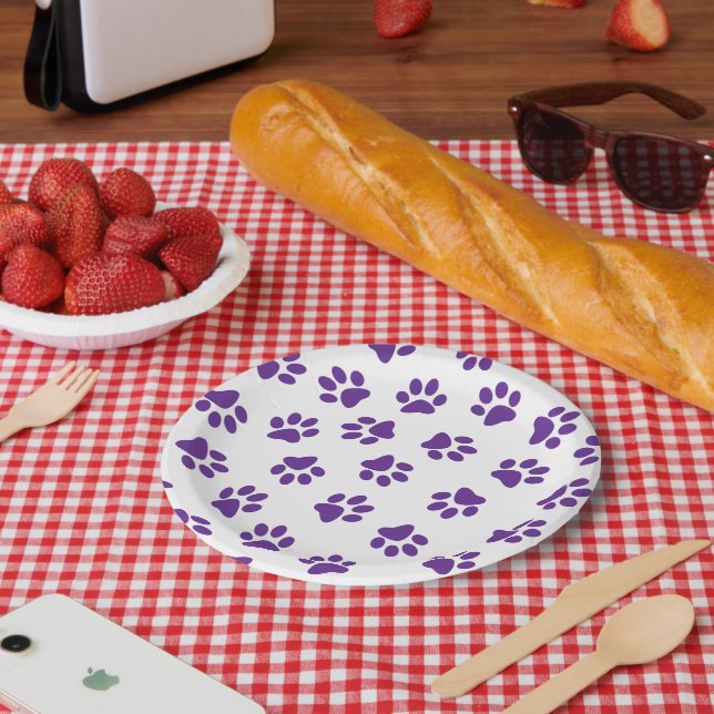 Pattern Of Paws, Dog Paws, Purple Paws Paper Plates (Picnic)