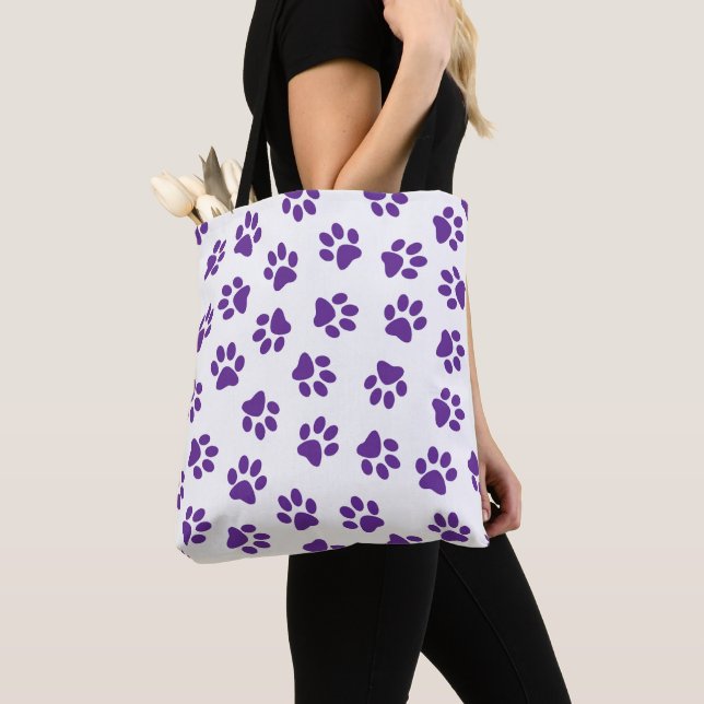 Pattern Of Paws, Dog Paws, Purple Paws Tote Bag (Close Up)