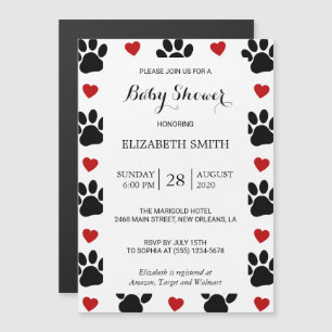 Pattern Of Paws, Dog Paws, Red Hearts, Baby Shower Magnetic Invitation