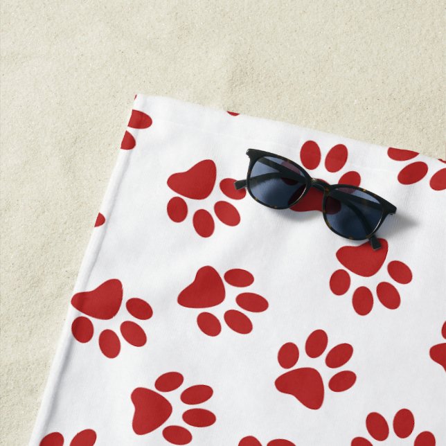 Pattern Of Paws, Dog Paws, Red Paws Beach Towel (In Situ)