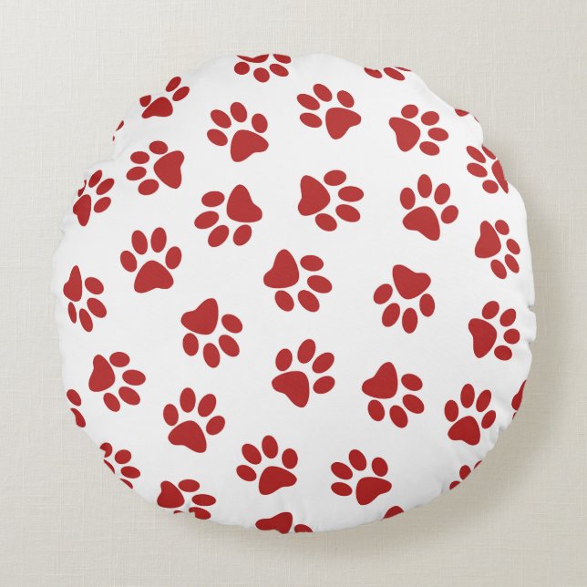 Pattern Of Paws, Dog Paws, Red Paws Round Pillow (Front)
