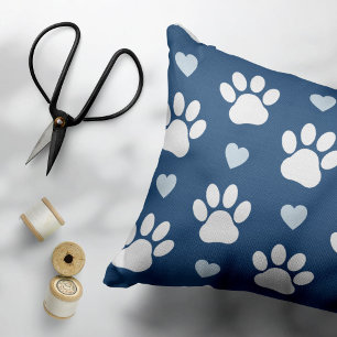 Pattern Of Paws, Dog Paws, White Paws, Blue Hearts Accent Pillow