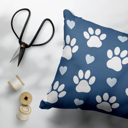 Pattern Of Paws Dog Paws White Paws Blue Hearts Accent Pillow