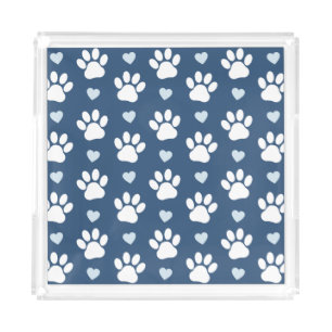 Pattern Of Paws, Dog Paws, White Paws, Blue Hearts Acrylic Tray