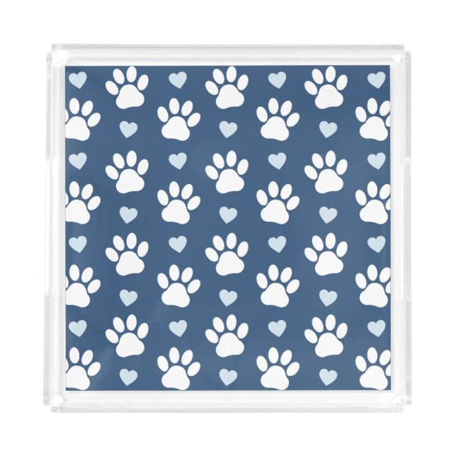 Pattern Of Paws, Dog Paws, White Paws, Blue Hearts Acrylic Tray (Front)