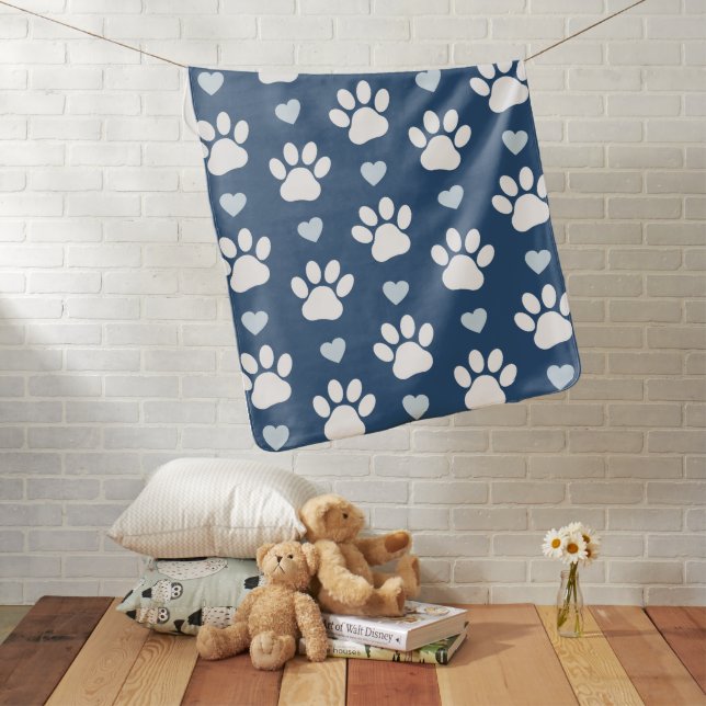 Pattern Of Paws, Dog Paws, White Paws, Blue Hearts Baby Blanket (In Situ)