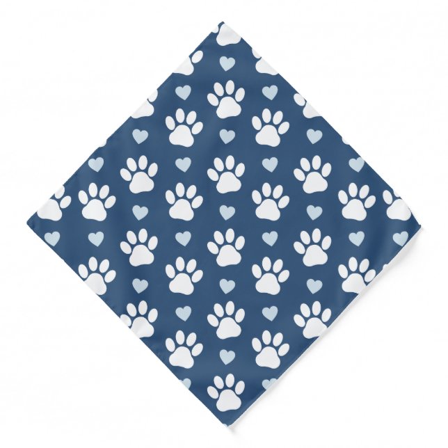 Pattern Of Paws, Dog Paws, White Paws, Blue Hearts Bandana (Front)