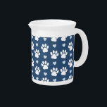 Pattern Of Paws, Dog Paws, White Paws, Blue Hearts Beverage Pitcher<br><div class="desc">Cute,  fun and adorable pattern with white paws and blue hearts. Modern and trendy gift,  perfect for the dog lover in your life.</div>