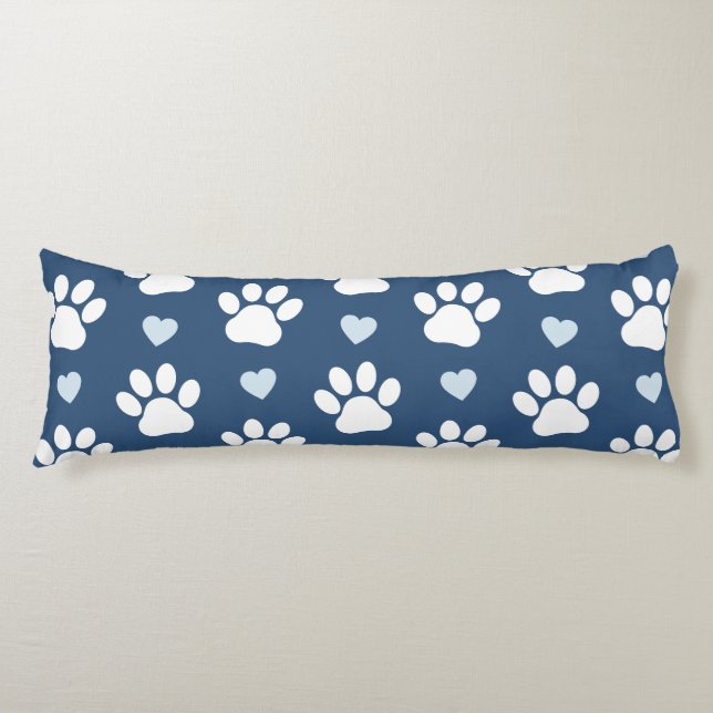 Pattern Of Paws, Dog Paws, White Paws, Blue Hearts Body Pillow (Front)