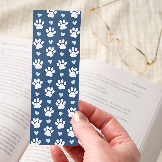 Pattern Of Paws, Dog Paws, White Paws, Blue Hearts Bookmarks (Hand)