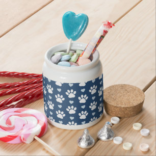 Pattern Of Paws, Dog Paws, White Paws, Blue Hearts Candy Jar