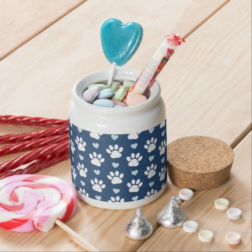 Pattern Of Paws Dog Paws White Paws Blue Hearts Candy Jar