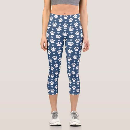 Pattern Of Paws Dog Paws White Paws Blue Hearts Capri Leggings