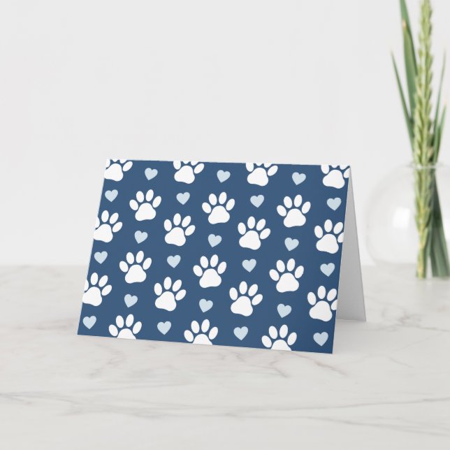 Pattern Of Paws, Dog Paws, White Paws, Blue Hearts Card (Front)