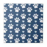 Pattern Of Paws, Dog Paws, White Paws, Blue Hearts Ceramic Tile