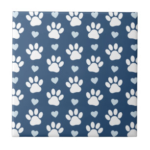 Pattern Of Paws, Dog Paws, White Paws, Blue Hearts Ceramic Tile