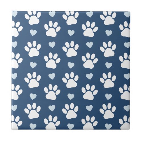 Pattern Of Paws Dog Paws White Paws Blue Hearts Ceramic Tile