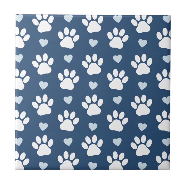 Pattern Of Paws, Dog Paws, White Paws, Blue Hearts Ceramic Tile (Front)