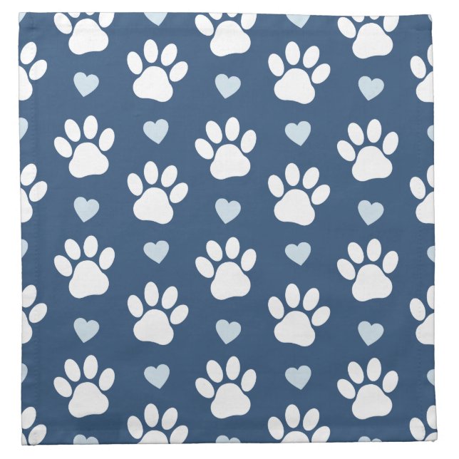 Pattern Of Paws, Dog Paws, White Paws, Blue Hearts Cloth Napkin (Front)